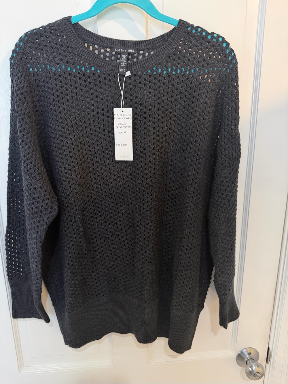 NWT Eileen Fisher Merino Wool Open Knit Crew Neck Sweater Charcoal